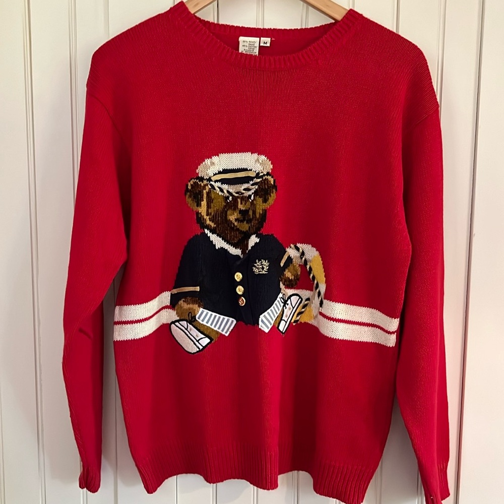 Vintage character crewneck sweater.  Red with teddy bear.